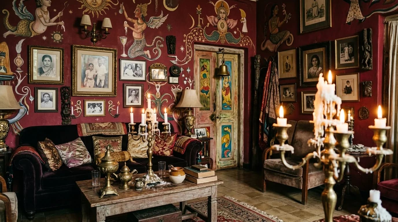 Atmospheric bohemian interiors with surrealist murals at Helga's Folly in Kandy Sri Lanka