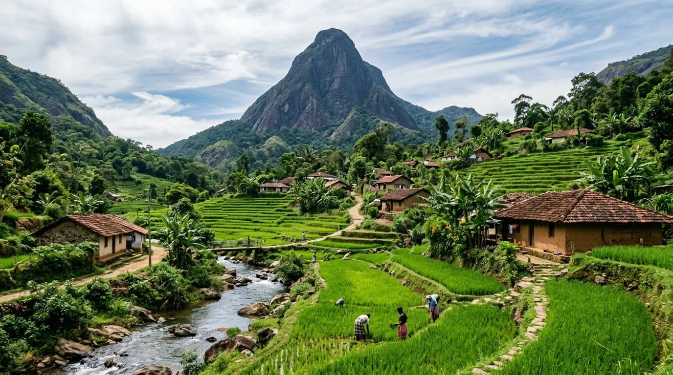 Traditional village cottages and green stepped paddy terraces framed by Lakegala peak in Meemure Sri Lanka