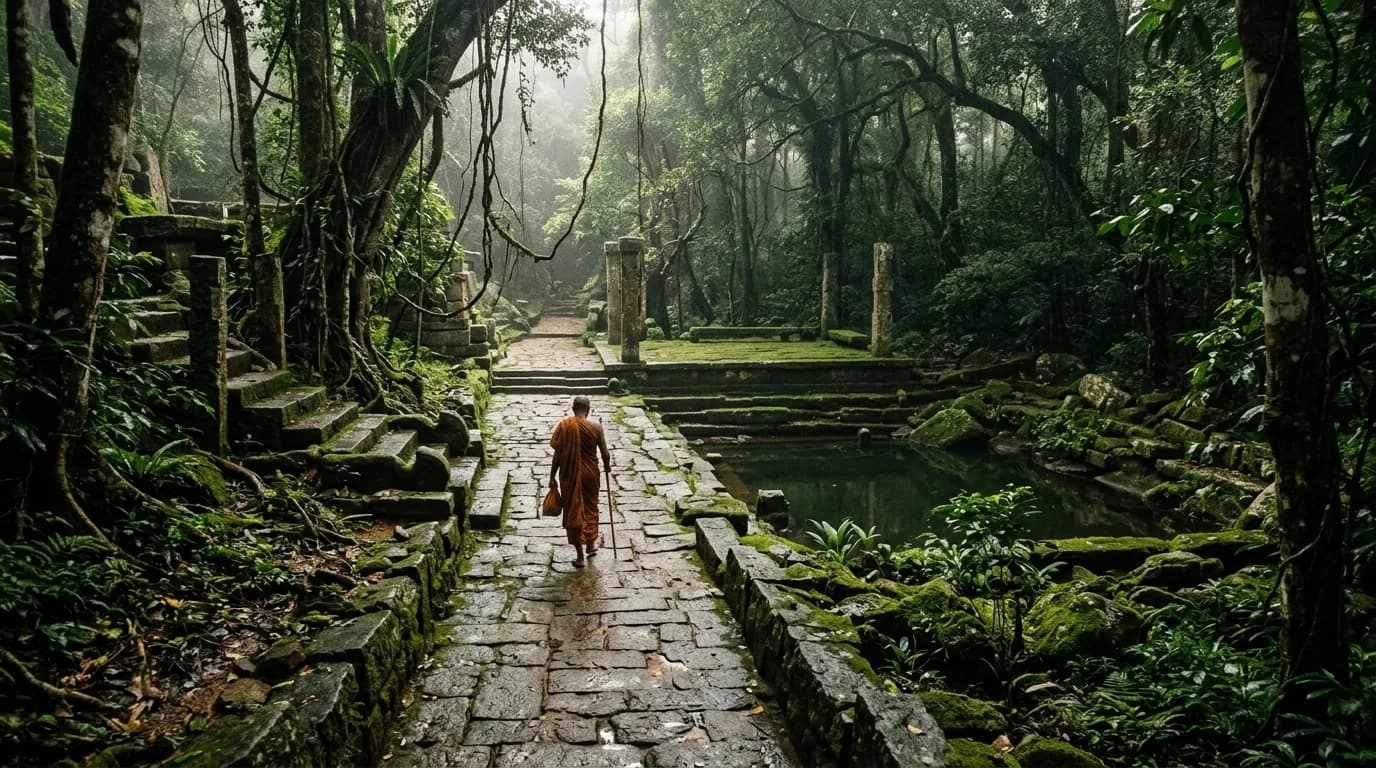 Ancient stone pathway through pristine cloud forest at Ritigala Monastery in Sri Lanka