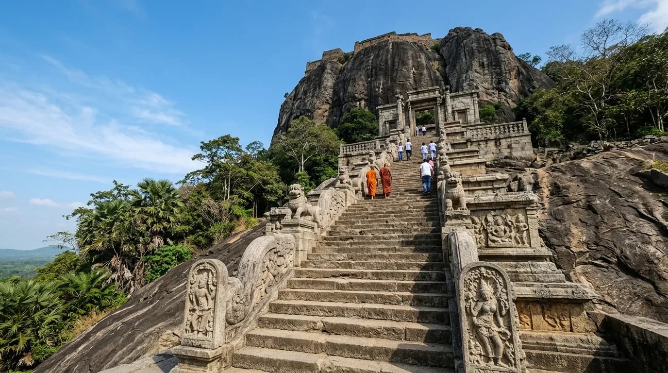 Steep monumental stone stairway with lion carvings at Yapahuwa Rock Fortress in Sri Lanka