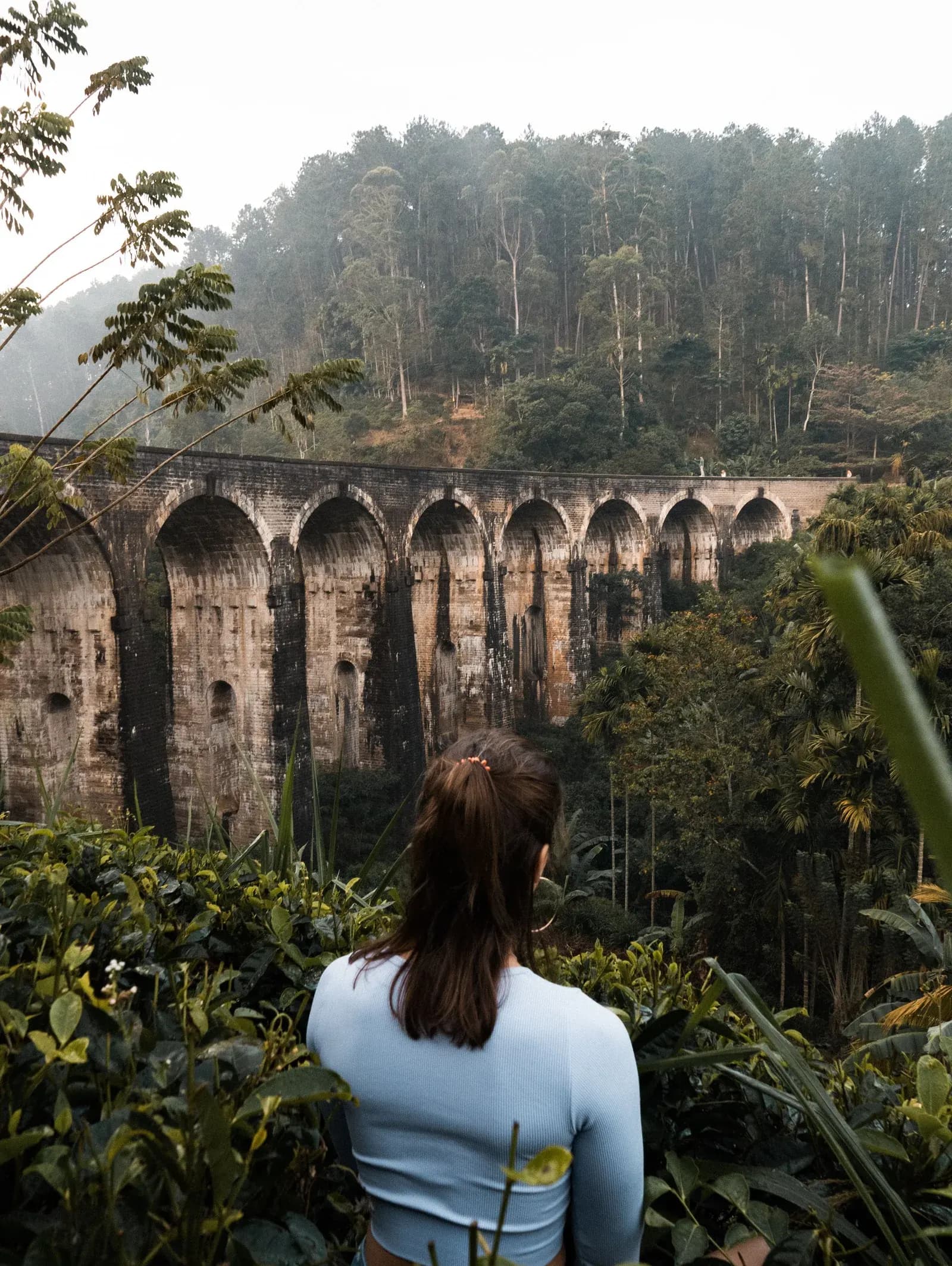 Historic colonial stone viaduct framed by tea gardens and misty mountain air in Ella.