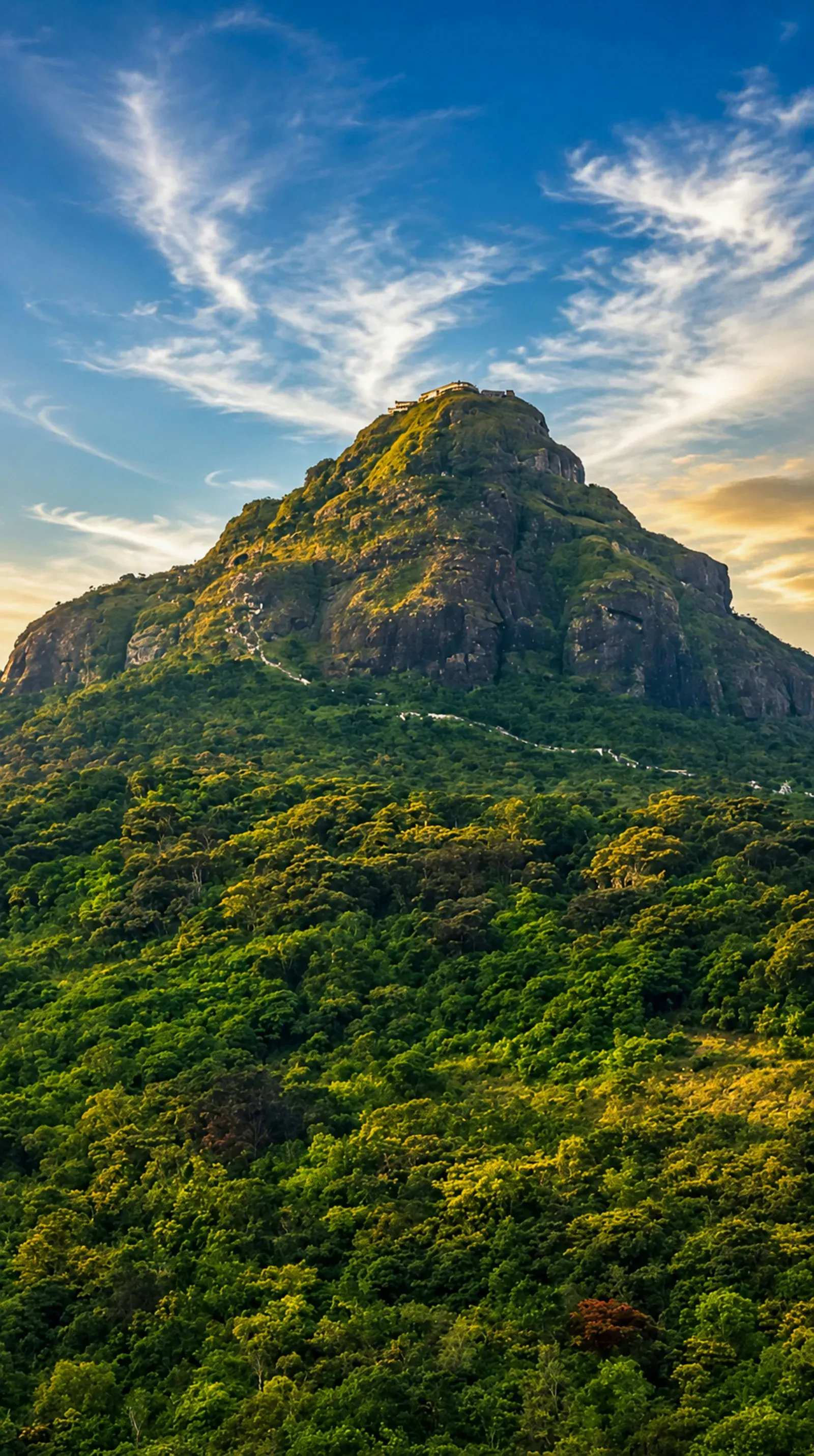 Sacred temple complex rising into clear blue sky in Sri Lanka.
