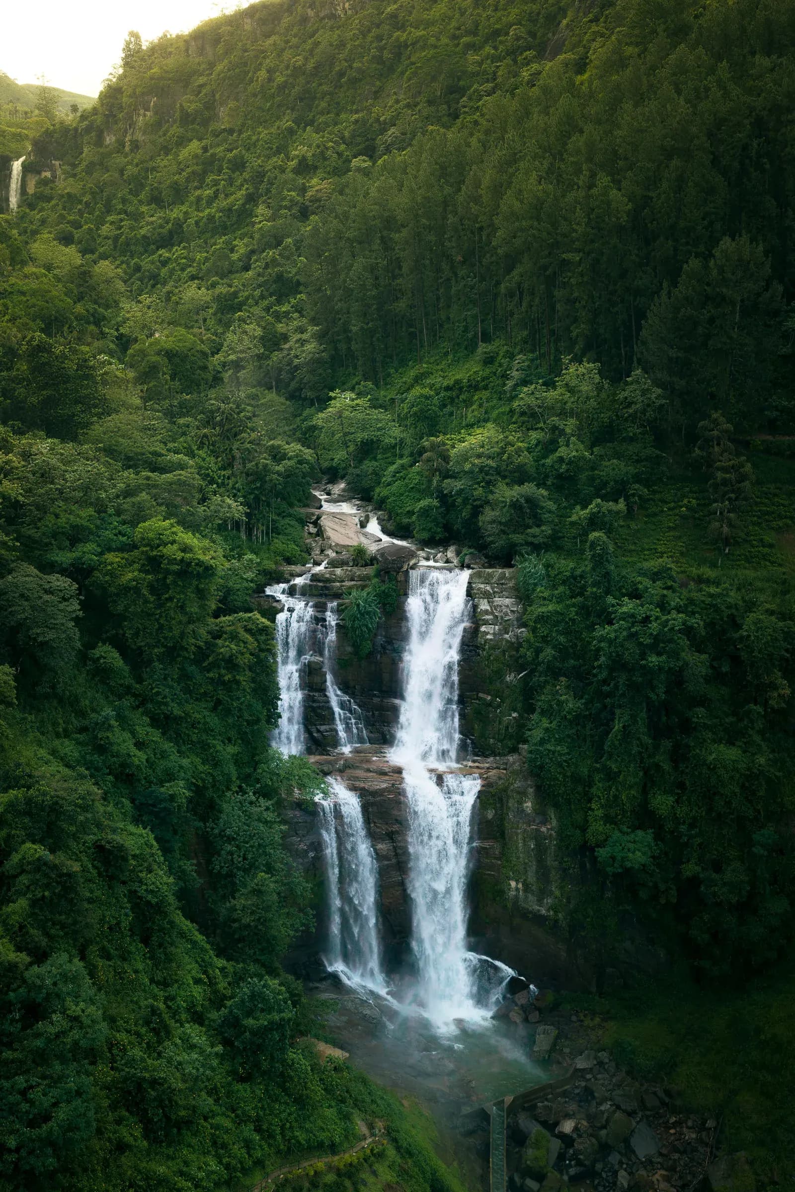 High-volume alpine waterfall dropping through rock canyons and cloud forest.