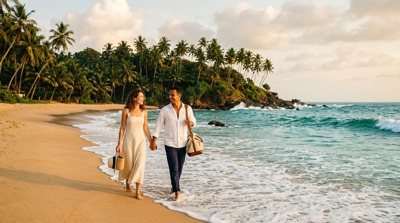 Plage sauvage dorée bordée de cocotiers au coucher du soleil à Tangalle sur la côte Sud du Sri Lanka, échappée hivernale au soleil
