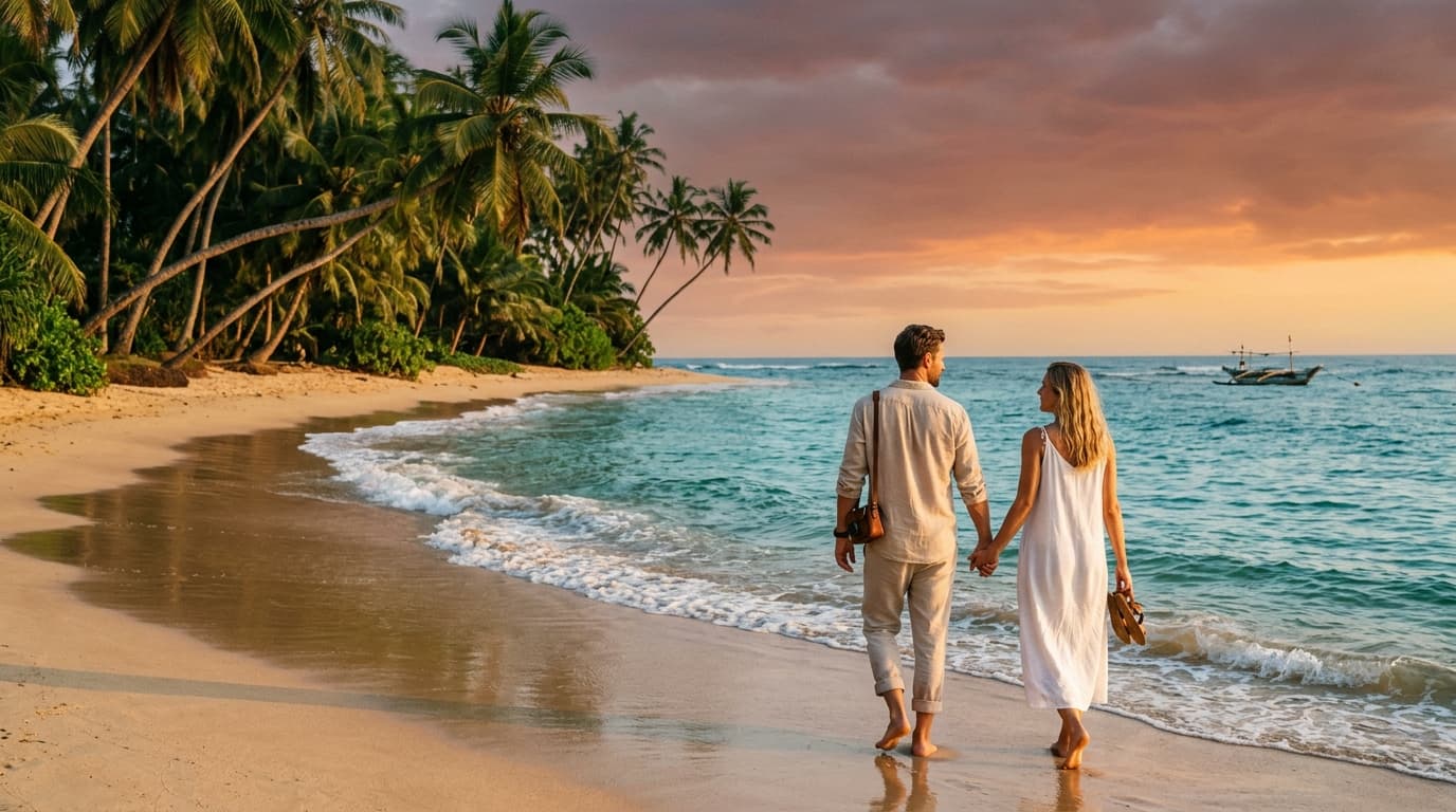 Golden hour tropical beach on Sri Lanka's south coast during the European winter travel season