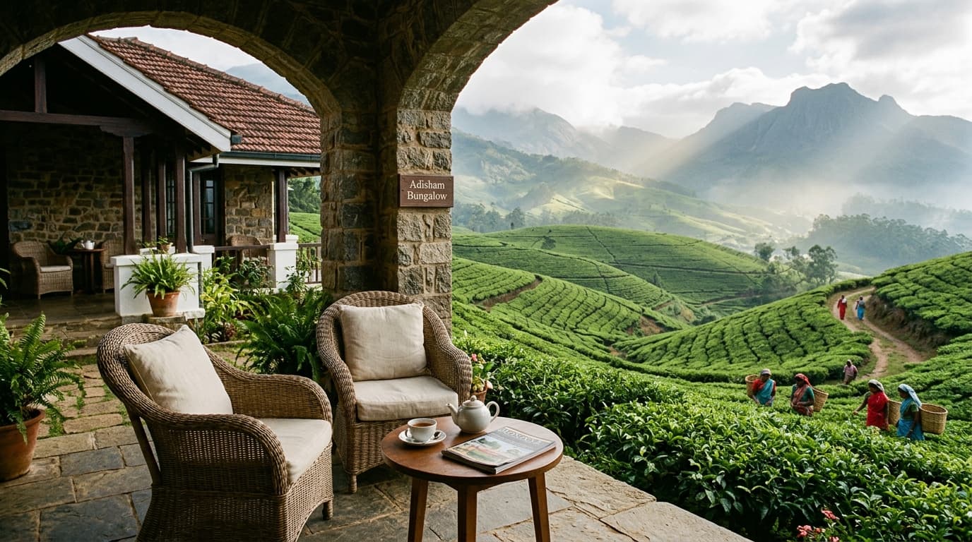 Restored colonial tea planters bungalow in Nuwara Eliya overlooking rolling Ceylon tea fields in January